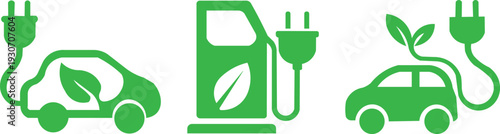 Electric Car Charging Icon Collection – Green Energy Vehicle, EV Charger Station with Plug Cable and Leaf Symbol, Sustainable Transport and Renewable Mobility Vector Set