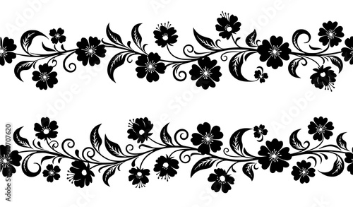 Seamless Black Floral Pattern Vector with Decorative Flower Silhouettes on White