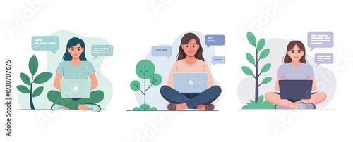 Female Freelancer Sitting with Laptop and Online Messages Illustration