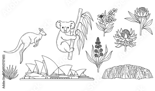 Minimal Line Art Australian Symbols Vector Illustration with Wildlife and Landmarks on White