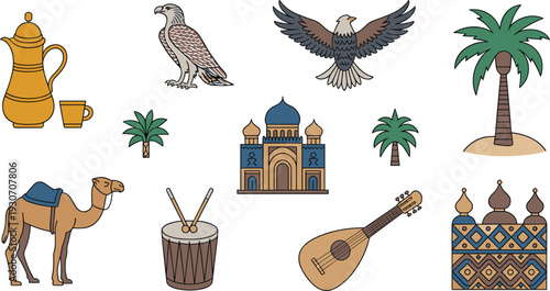 Traditional Middle Eastern culture illustration set, camel mosque falcon palm tree and oud icons isolated on white background