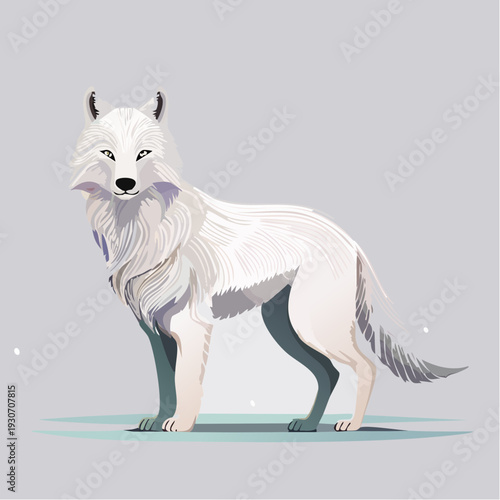 A captivating illustration depicting a majestic white arctic wolf standing gracefully in a serene, frosty winter environment, highlighting its elegant fur and wild spirit