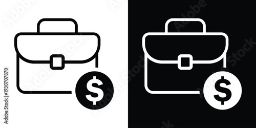 Business briefcase icon paired with a dollar sign coin. Represents investment, budget, financial portfolio, salary, and profit. Black and white professional money concept.