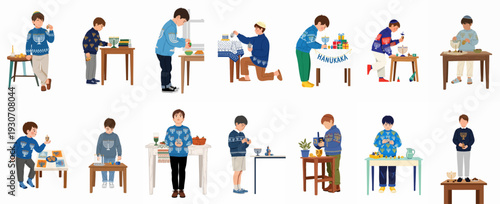 Boys celebrating Hanukkah: lighting menorahs, playing dreidels, and enjoying festive traditions, capturing the joy and spirit of the Jewish Festival of Lights.