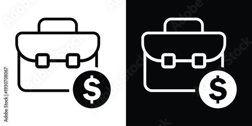 Business briefcase icon paired with a dollar sign coin. Represents investment, budget, financial portfolio, salary, and profit. Black and white professional money concept.