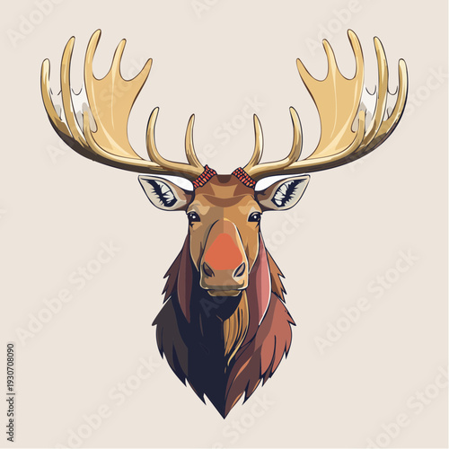 Stylized depiction of a majestic moose head with prominent antlers, a captivating wildlife concept art piece representing strength and the spirit of the wild