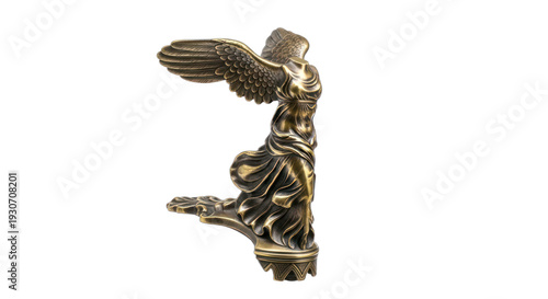 A bronze statue of the Winged Victory of Samothrace, isolated on black.
