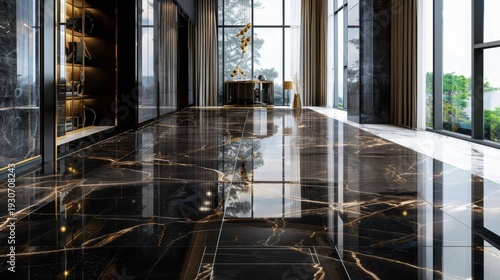 A modern interior space featuring glossy black marble flooring with golden veining. Large windows allow natural light to illuminate the room.