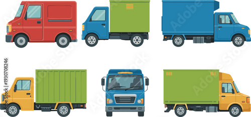 Set of flat vector illustration of delivery trucks, cargo vans, and commercial freight transport vehicles.