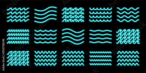 Set of blue neon wave line elements. Glowing wavy horizontal zigzag lines inspired by water symbols. Futuristic vector illustration on dark background.