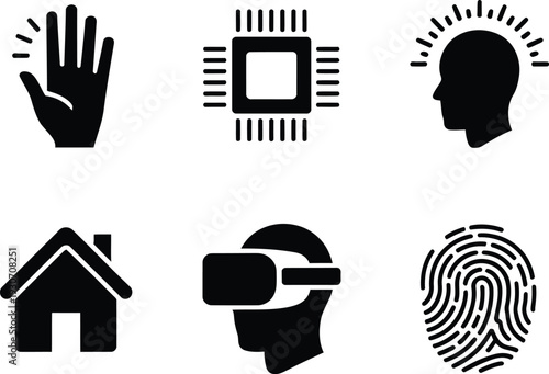 Illustrative icons representing technology identity, home and virtual reality