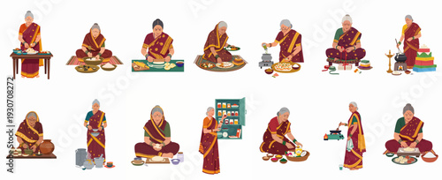 Traditional Indian Grandmother Cooking & Celebrating: A Collection of Daily Life & Festive Preparations in Flat Vector Illustrations.