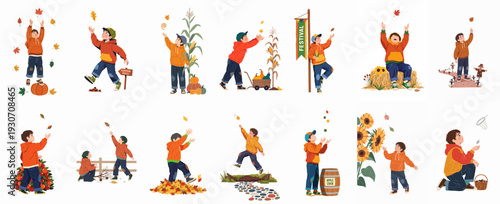 Boys enjoying autumn activities like playing with fall leaves, pumpkins, corn, and celebrating harvest festivals, perfect for seasonal and children's themes.