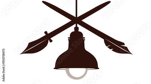 A symmetrical image of crossed weapon-like shapes above a stylized lamp
