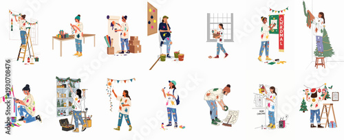 Joyful friends decorating for holidays, crafting festive ornaments and preparing for celebrations with creative enthusiasm and colorful art supplies.
