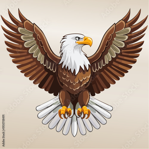A vibrant illustration of a majestic bald eagle with powerful outstretched wings, symbolizing freedom and strength, rendered with detailed artistry for a striking visual impact