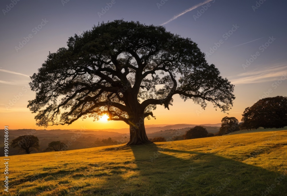 Fototapeta premium A large lone tree in a meadow at sunset