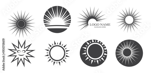 summer beach coast island, sea ocean with birds and summer sun rays logo design inspiration