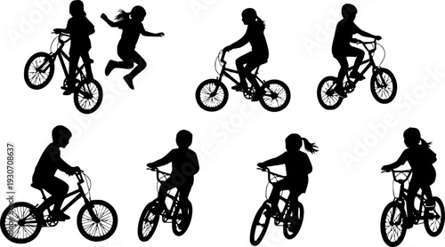 Silhouettes of Children Playing and Riding Bicycles kids jumping
