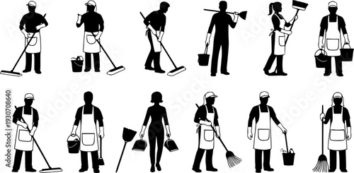 Cleaning worker silhouette set, janitor people with mop and bucket, black and white cleaner illustration, maintenance staff vector design for hygiene and service industry 
