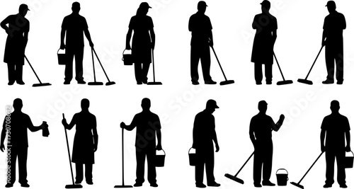Cleaning worker silhouette set, janitor people with mop and bucket, black and white cleaner illustration, maintenance staff vector design for hygiene and service industry 
