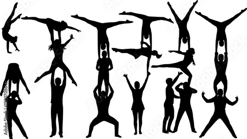 Black Silhouettes of People Performing Gymnastics and Acrobatics On White Background Keywords: people, silhouette, gymnastics
