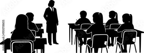 Silhouette of a teacher and students in a classroom setting on a white background education learning
