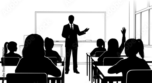 Silhouette of a teacher and students in a classroom setting on a white background education learning
