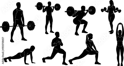 Silhouette Set Of People Performing Weightlifting And Fitness Exercises workout
