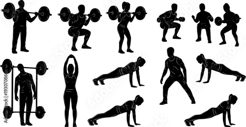 Silhouette Set Of People Performing Weightlifting And Fitness Exercises workout
