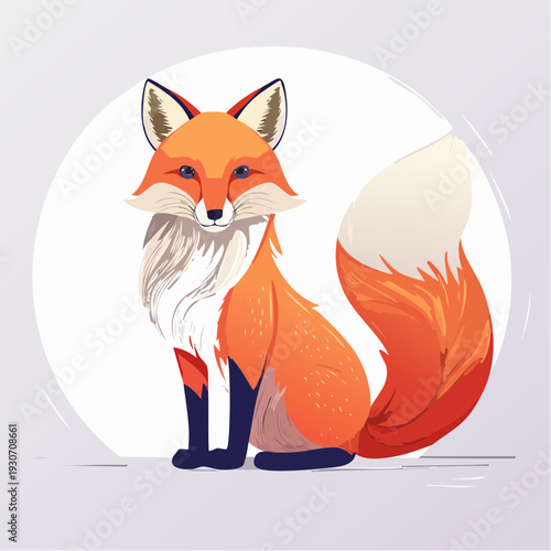 Vibrant stylized illustration of a playful orange fox with a bushy white tail, sitting gracefully. A charming woodland creature depicted in a modern graphic art style