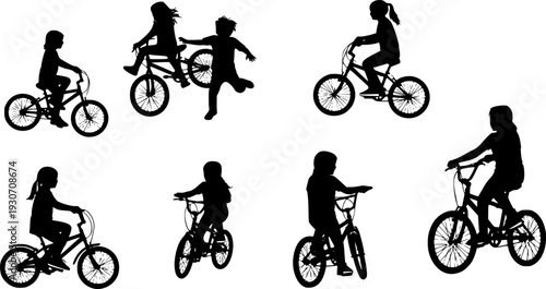 Silhouettes of Children Playing and Riding Bicycles kids jumping
