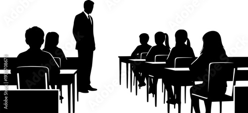 Silhouette of a teacher and students in a classroom setting on a white background education learning
