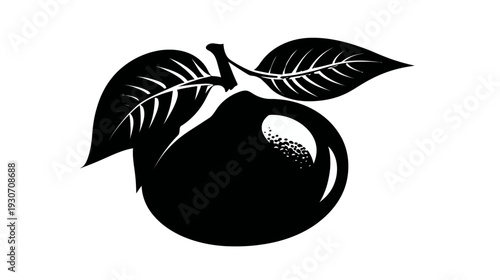 A black and white illustration of a fruit with two leaves and a stem on a plain white background