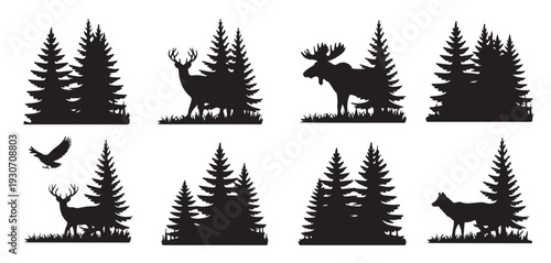 forest animals and trees silhouette art 