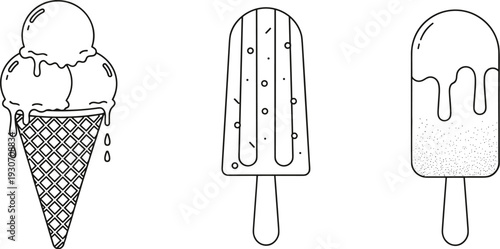 Cute Outline Ice Cream Cone and Popsicles Black and White Coloring Page with Dripping Scoops Frozen Treats