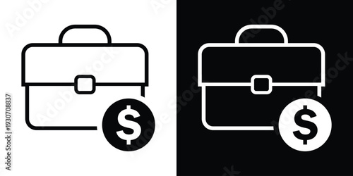 Solid business briefcase icon with a dollar sign coin. Represents financial portfolio, investment earnings, salary, budget management, profit, and commercial business success.