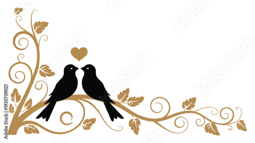 A decorative corner design featuring two black silhouette birds perched on an ornate golden vine branch (2)_traced