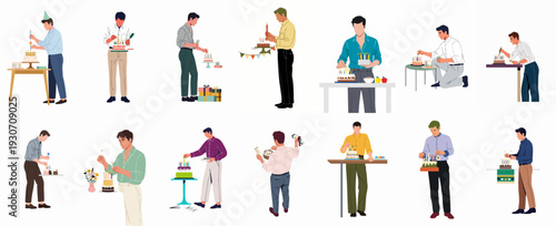 Men preparing birthday cakes with candles and party decorations, illustrating celebration and festive events.