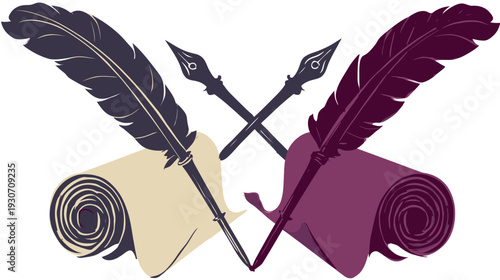Illustration featuring two crossed antique styluses with quills and rolled parchments