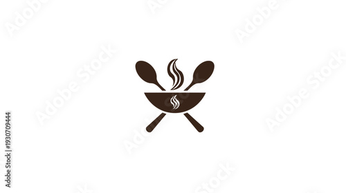A cooking logo features a brown bowl with utensils, steam, and crossed spoons over a white background