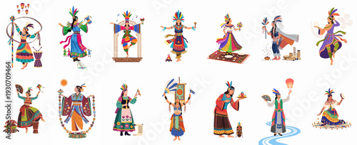 Traditional Folk Dance and Cultural Celebrations: Women in Colorful Attire with Instruments and Rituals.