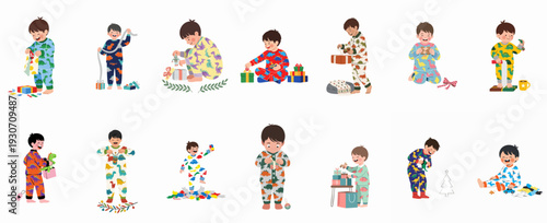 Joyful children in festive dinosaur pajamas unwrapping gifts, celebrating Christmas, and enjoying new toys during the holiday season.