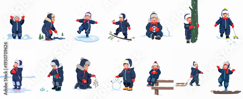 Happy children in winter clothes enjoying various outdoor snowy activities, including playing with snow, sledding, and exploring nature, captured in a cheerful cartoon style.