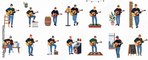 Men Playing Acoustic Guitar in Various Settings: Pubs, Cafes, and Street Scenes Collection