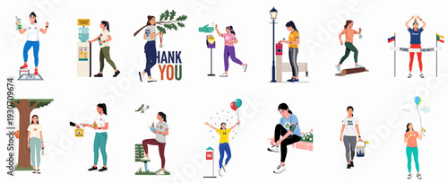 Illustrations of women engaging in outdoor fitness and charity activities, including walking, running, volunteering, and celebrating achievements, promoting health, community, and social causes.