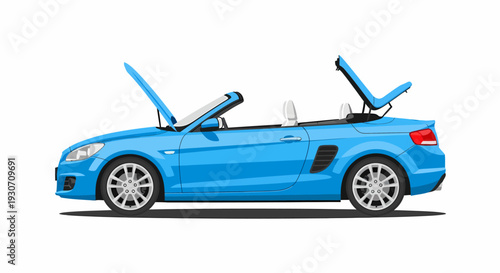 Blue Car with Open Hood, Front View, Isolated on White Background