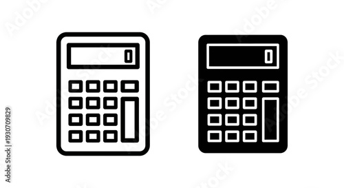 Set of two calculator icons, one in outline style and one in solid black, representing financial tools and calculations.