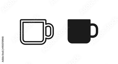 Two simple mug icons, one outlined and one solid black, representing beverages and daily comfort.