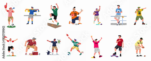 Diverse group of male sports enthusiasts depicted in various poses: cheering, playing, and reacting to games with passion, energy, and excitement, illustrating dynamic fan culture.